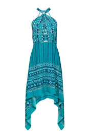 Current Boutique-BCBG Max Azria - Teal Bohemian Print Halter-Style Scarf Hem Midi Dress Sz 4