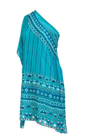 Current Boutique-BCBG Max Azria - Teal One-Shoulder Silk Printed Shift Dress Sz XS