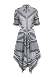 Current Boutique-BCBG Max Azria - White & Grey Striped Button-Up Shirt Dress w/ Waist Cutouts Sz 4