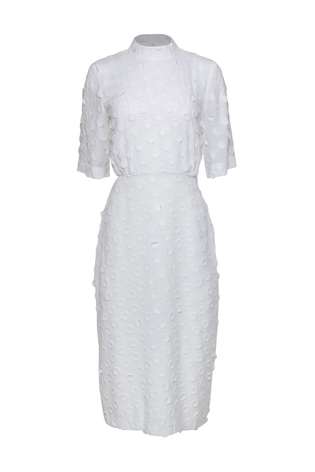 Current Boutique-BCBG Max Azria - White Polka Dot Embossed Short Sleeve Midi Dress Sz S