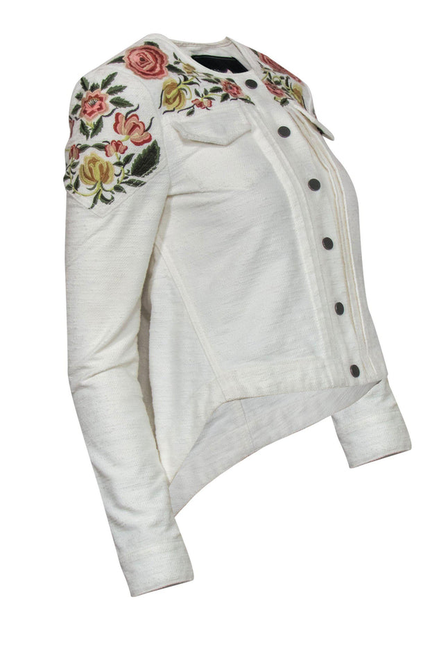 Current Boutique-BCBG Max Azria - White Textured Floral Embroidered Button-Up Cropped Jacket Sz XXS