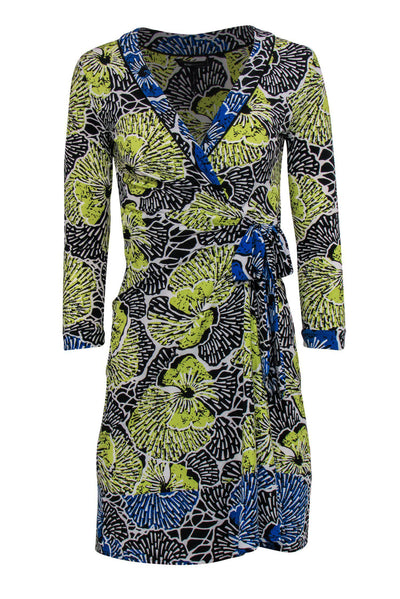 Current Boutique-BCBG Max Azria - Yellow, Black & Blue Tropical Floral Print Wrap Dress Sz XS