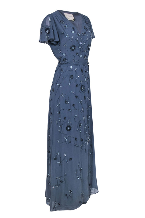 Current Boutique-BHLDN by Anthropologie - Smokey Blue Floral Beaded & Sequin Gown Sz 16