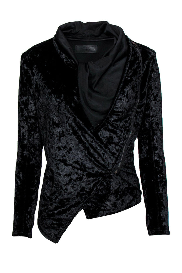 Current Boutique-BLANKNYC - Black Velvet Cowl Draped Zip-Up Jacket Sz XS