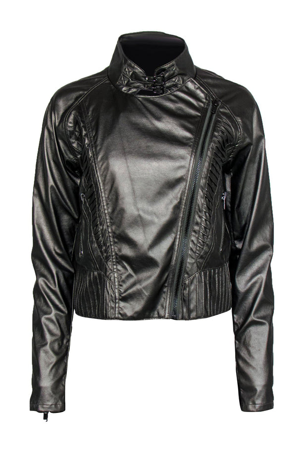 Current Boutique-BLANKNYC - Dark Silver Faux Leather Pleated Zip-Up Moto-Style Jacket Sz L