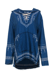 Current Boutique-BLANKNYC - Denim Embroidered Tunic Hoodie w/ Frayed Trim Sz M