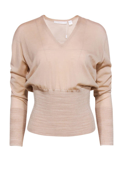 Current Boutique-BOSS Hugo Boss - Beige V-Neck Wool Sweater w/ Ribbed Fitted Waist Sz M