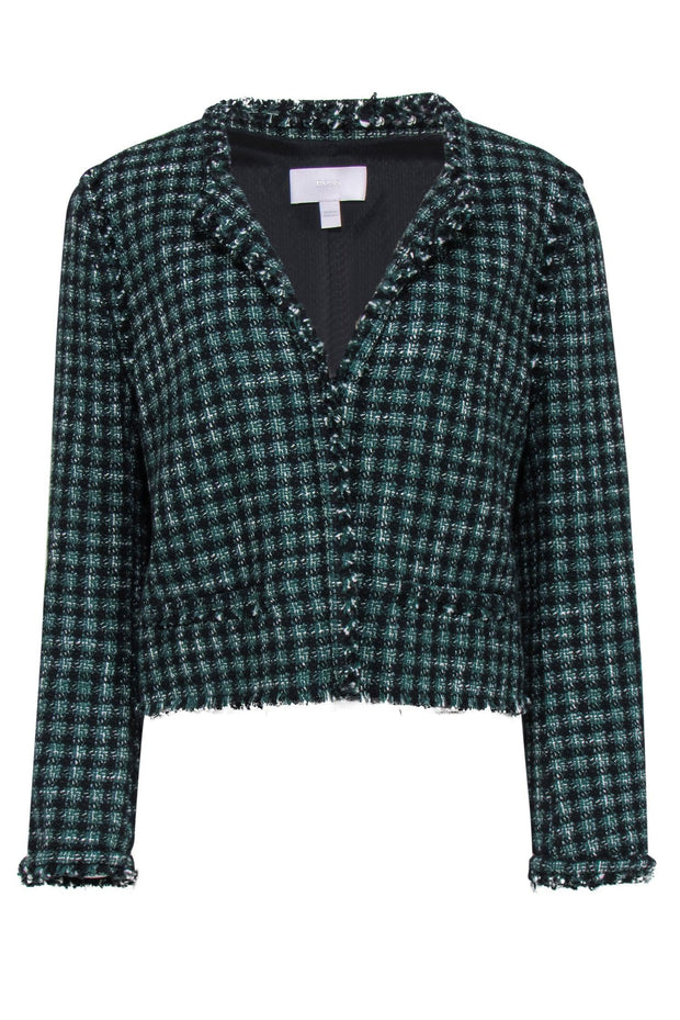 Current Boutique-BOSS Hugo Boss - Black & Green Cotton Blend Cropped Plaid Tweed Jacket Sz 10