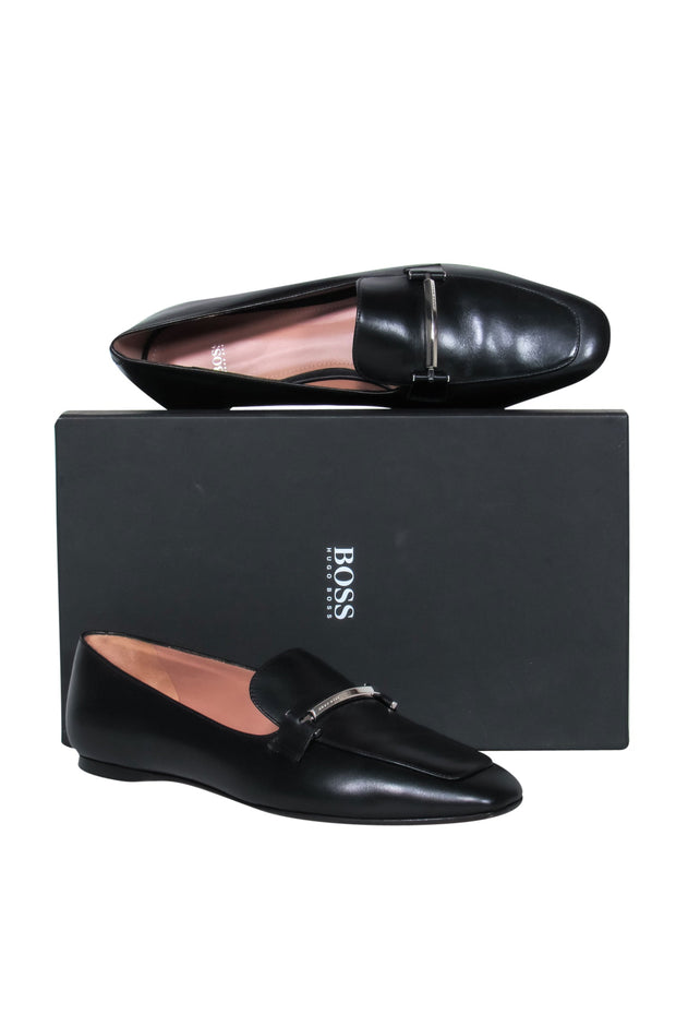 Current Boutique-BOSS Hugo Boss - Black Leather Loafer w/ Silver-Toned Bar Sz 11