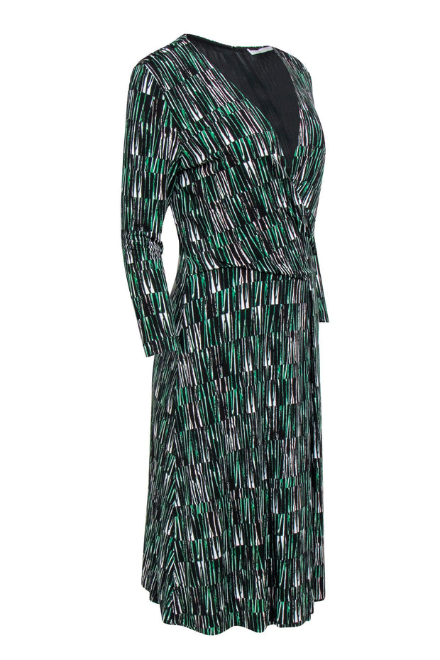 Current Boutique-BOSS Hugo Boss - Black, White & Emerald Surplice Neckline Dress Sz M