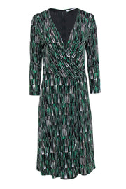 Current Boutique-BOSS Hugo Boss - Black, White & Emerald Surplice Neckline Dress Sz M