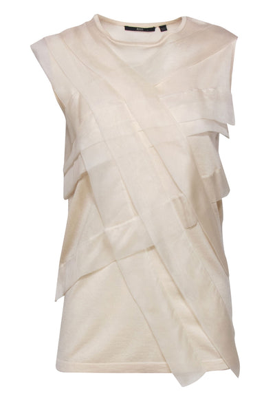 Current Boutique-BOSS Hugo Boss - Cream Sleeveless Silk Blend Sweater w/ Organza Trim Sz S