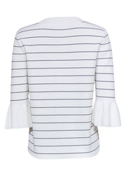 Current Boutique-BOSS Hugo Boss - White & Navy Pinstripe Knit Top w/ Bell Sleeves Sz M/L