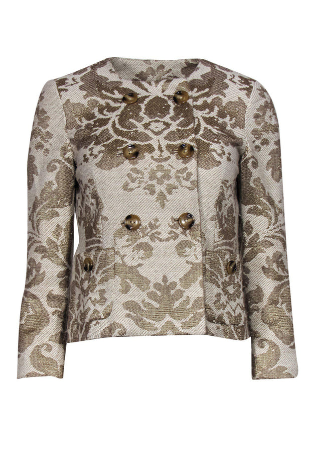 Current Boutique-Badgley Mischka - Beige & Gold Woven Floral Blazer Sz S