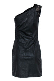 Current Boutique-Badgley Mischka - Black One Shoulder Crinkled Leather Dress w/ Beading Sz S