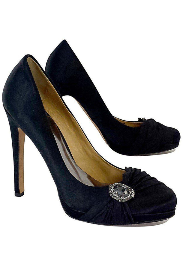 Current Boutique-Badgley Mischka - Black Satin & Jewel Heels Sz 9