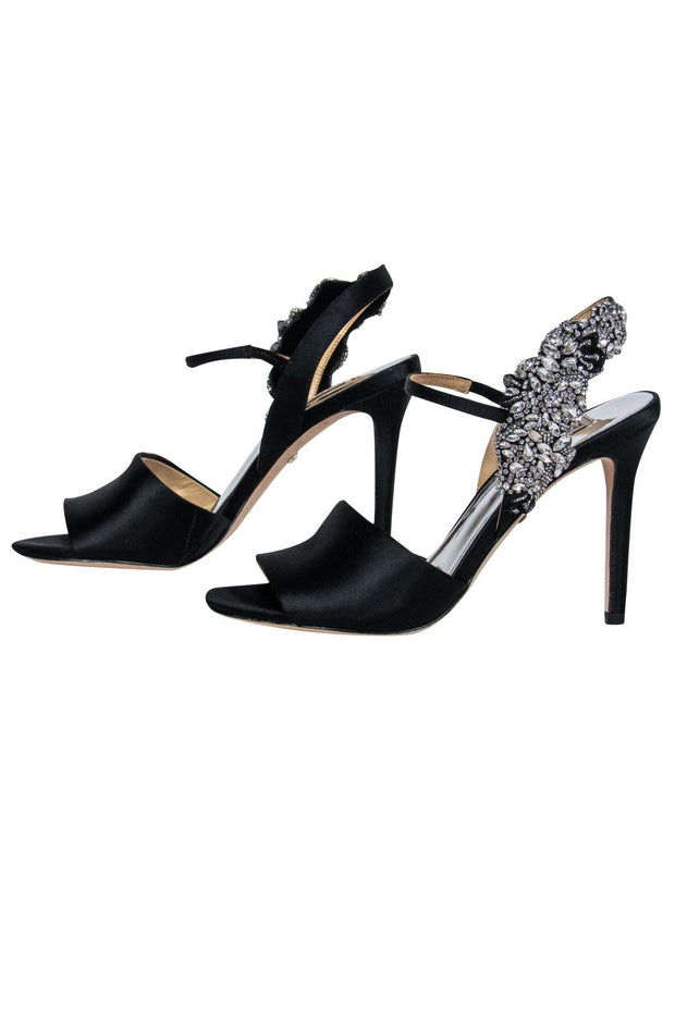 Current Boutique-Badgley Mischka - Black Satin Jeweled Peep Toe Pumps Sz 5.5