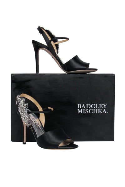 Current Boutique-Badgley Mischka - Black Satin Jeweled Peep Toe Pumps Sz 5.5