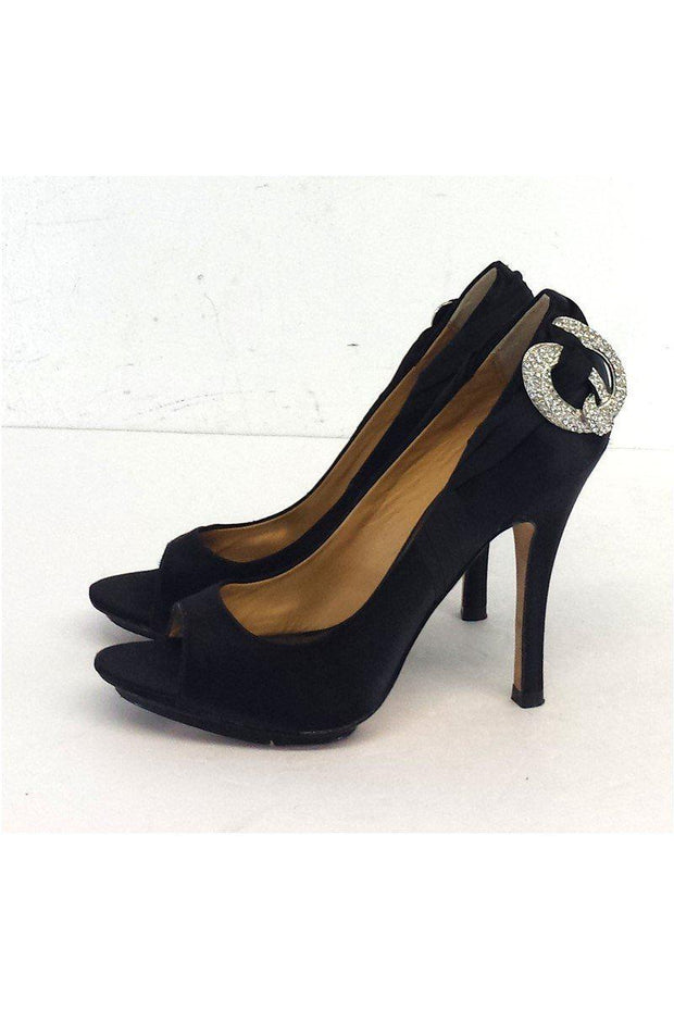 Current Boutique-Badgley Mischka - Black Satin Peep Toe Heels Sz 6.5