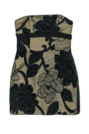 Current Boutique-Badgley Mischka - Gold & Black Textured Floral Print Strapless Dress w/ Eyelet Trim Sz 0