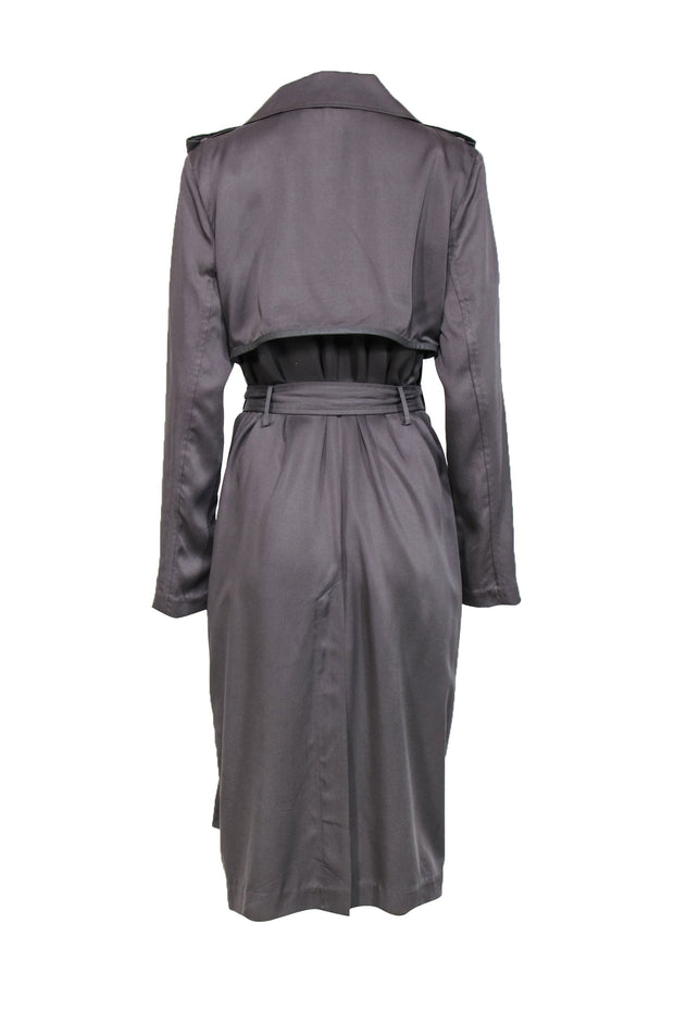 Current Boutique-Badgley Mischka - Grey Open Front Belted Trench Coat w/ Faux Leather Trim Sz L