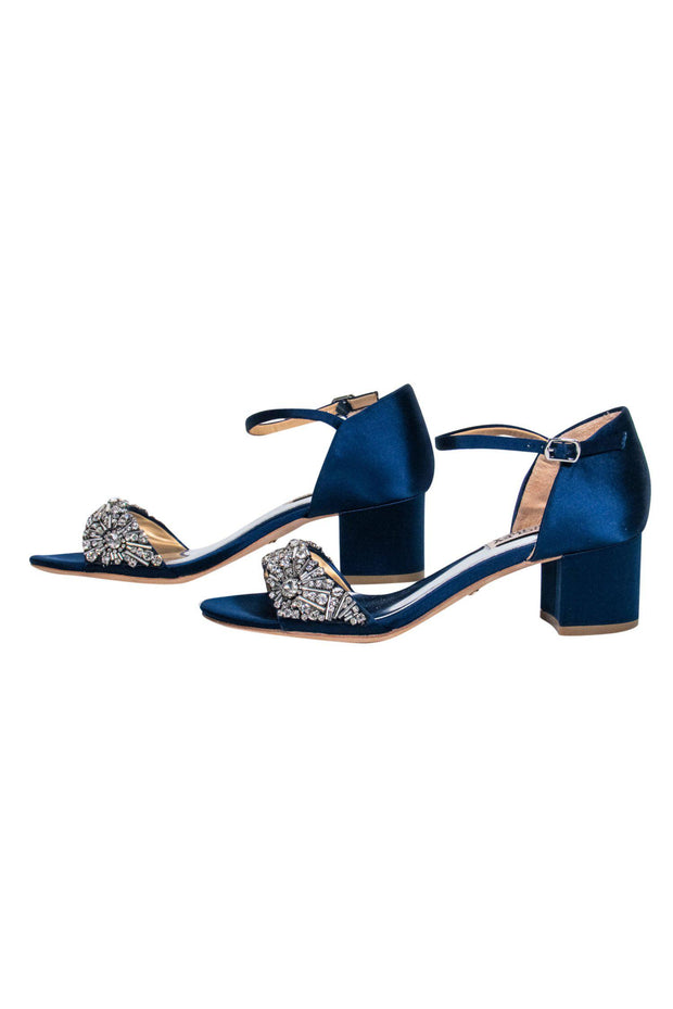 Current Boutique-Badgley Mischka - Navy Satin Open Toe Pumps w/ Jeweled Strap Sz 6