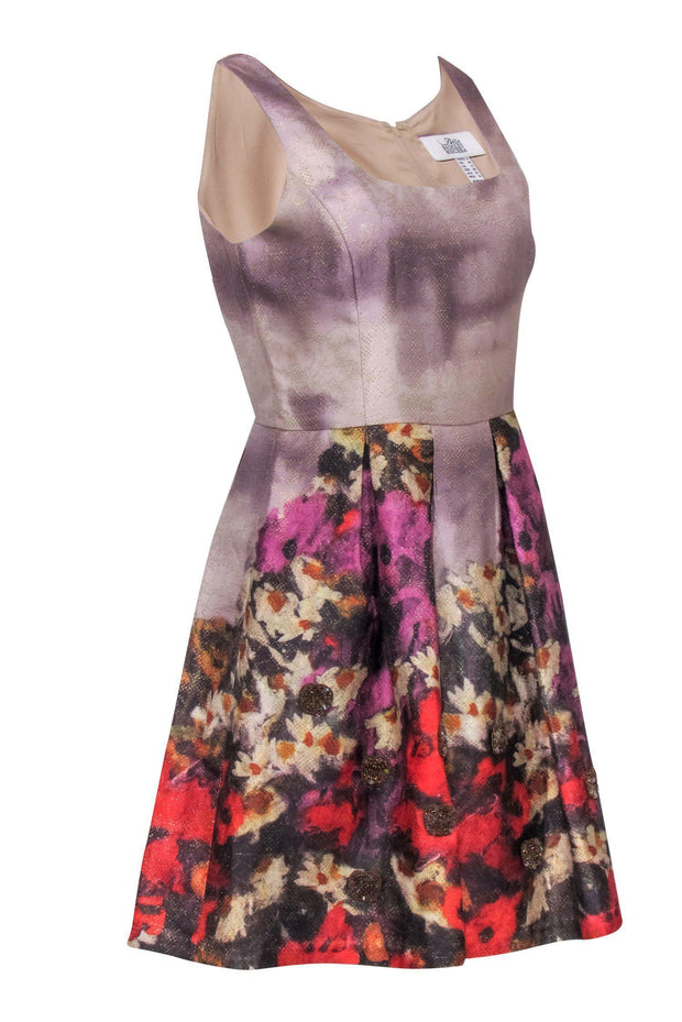 Current Boutique-Badgley Mischka - Purple & Gold Brocade Pleated Dress w/ Beading Sz 8