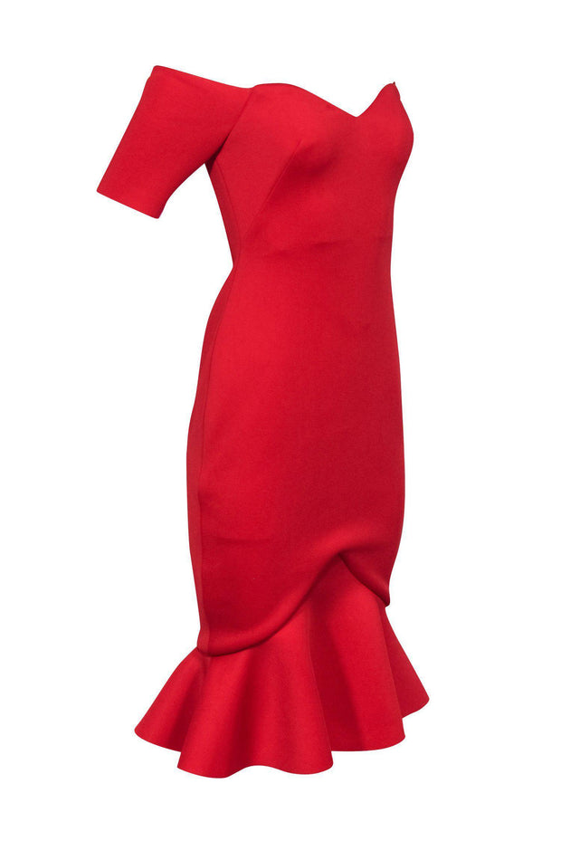 Current Boutique-Badgley Mischka - Red Off-the-Shoulder Fitted Dress w/ Ruffle Hem Sz 0