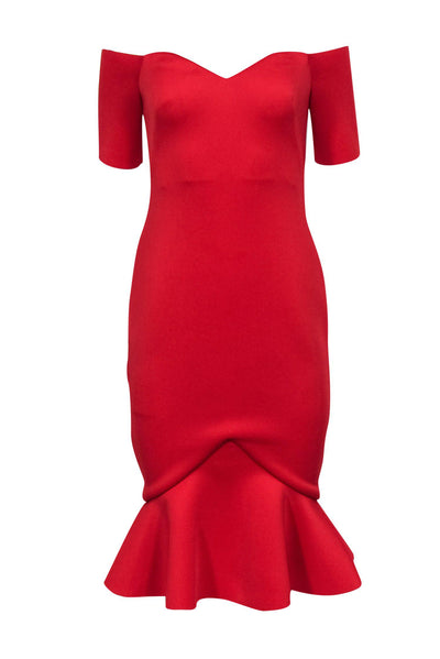 Current Boutique-Badgley Mischka - Red Off-the-Shoulder Fitted Dress w/ Ruffle Hem Sz 0