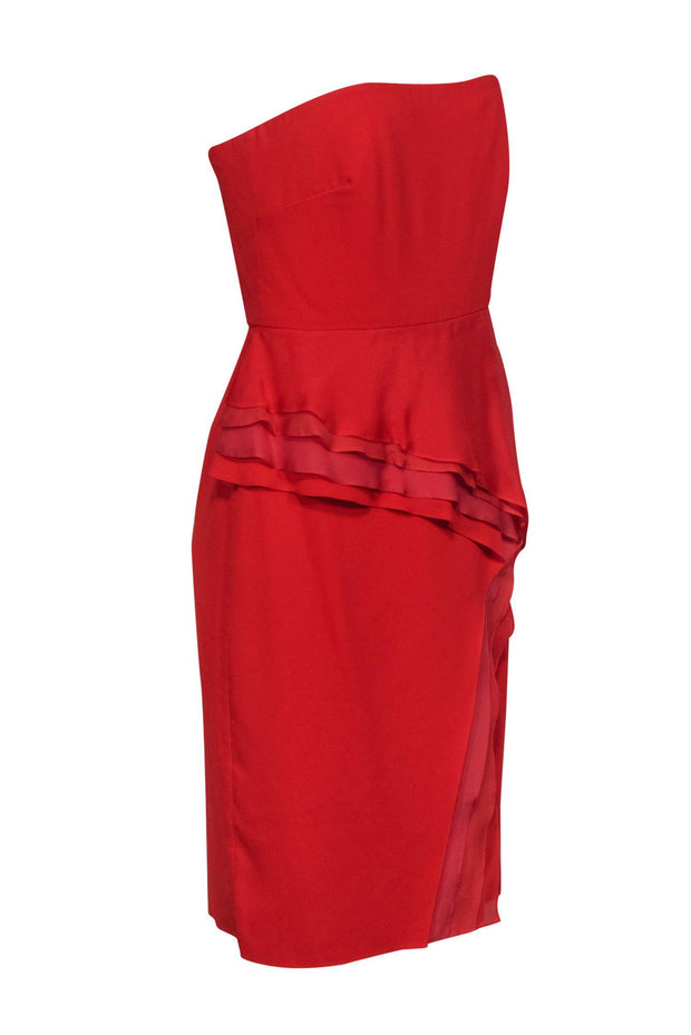 Current Boutique-Badgley Mischka - Red Strapless Tiered Ruffle Cocktail Dress Sz 6