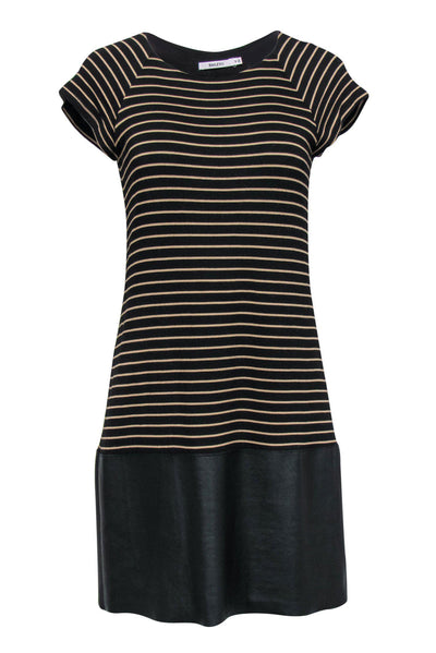 Current Boutique-Bailey 44 - Black & Tan Striped Shift Dress w/ Faux Leather Sz M