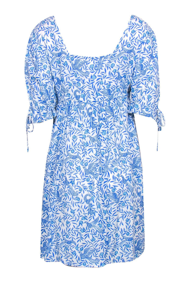 Current Boutique-Banjanan - Blue & White Textured Bird & Leaf Print Babydoll Dress Sz L