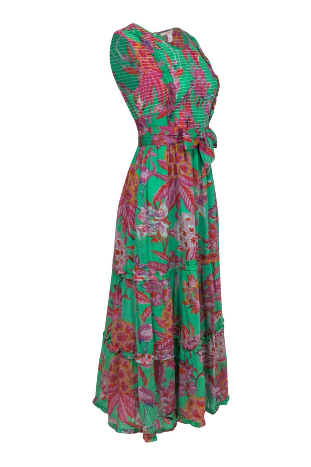 Current Boutique-Banjanan - Green & Pink Tropical Floral & Bird Print Sleeveless Tiered Maxi Dress Sz L