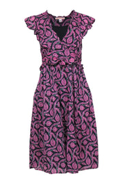 Current Boutique-Banjanan - Pink, Green & Navy Bohemian Print Cap Sleeve Ruffled Midi Dress Sz S