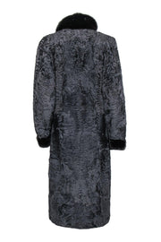 Current Boutique-Barbatsuly Bros. - Grey Textured Longline Clasped Fur Coat w/ Brown Fur Trim Sz M