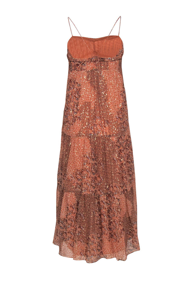 Current Boutique-Ba&sh - Peach Metallic Floral Print Sleeveless "Odette" Maxi Dress Sz S