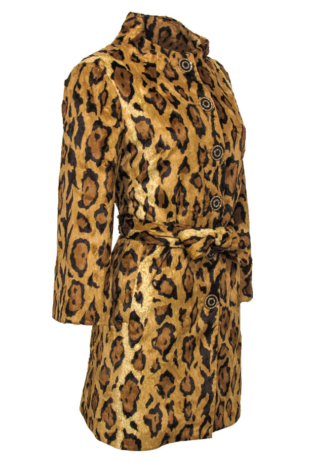 Current Boutique-Beth Bowley - Tan Leopard Print Faux Fur Button-Up Trench Coat Sz 10