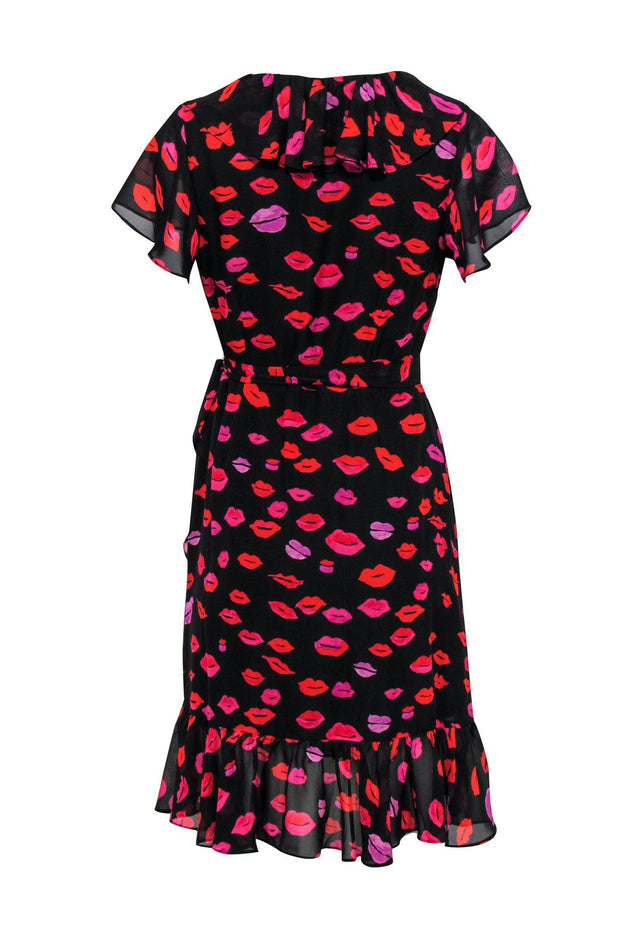 Current Boutique-Betsey Johnson - Black, Red & Purple Lip Print Short Sleeve Wrap Dress Sz 8