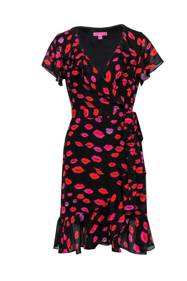 Current Boutique-Betsey Johnson - Black, Red & Purple Lip Print Short Sleeve Wrap Dress Sz 8