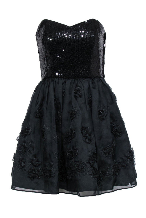 Current Boutique-Betsey Johnson - Black Strapless Fit & Flare Dress w/ Sequin Bodice & Floral Appliques Sz 6