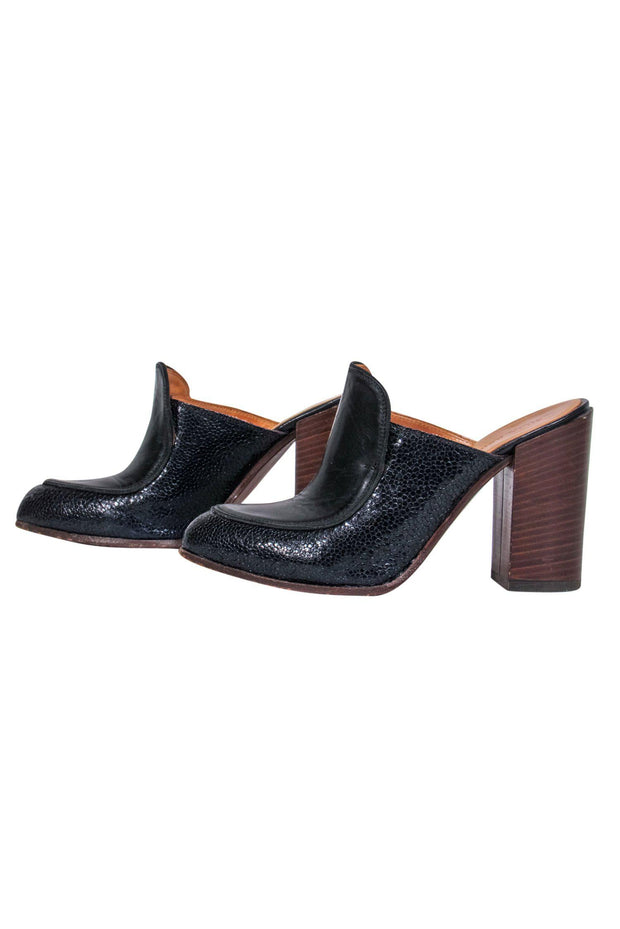 Current Boutique-Billy Reid - Black Embossed Mule Pumps w/ Wooden Heel Sz 6.5