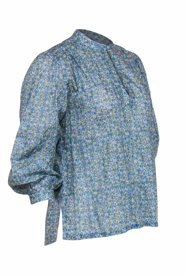 Current Boutique-Birds of Paradis by Trovata - Teal & Olive Smock Blouse w/ Ditsy Floral Print Sz S