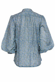 Current Boutique-Birds of Paradis by Trovata - Teal & Olive Smock Blouse w/ Ditsy Floral Print Sz S