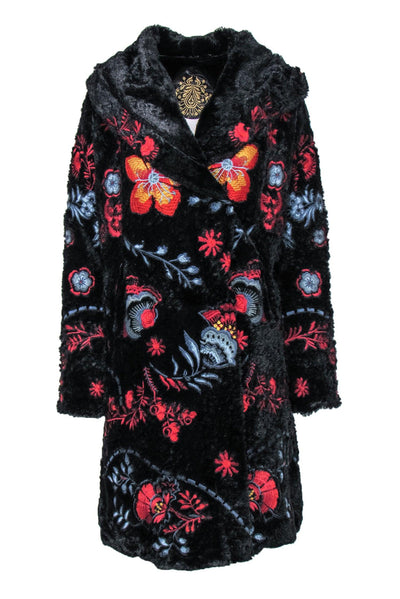 Current Boutique-Biya Johnny Was - Black Faux Fur Floral Embroidered Hooded Longline Coat Sz XS