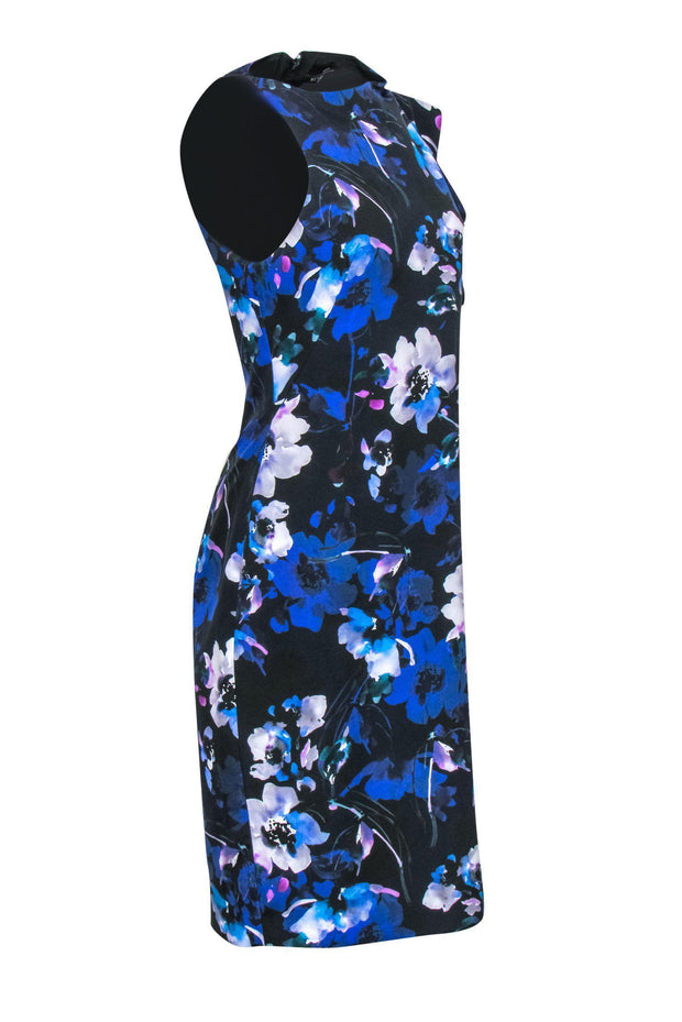 Current Boutique-Black Halo - Black & Blue Floral Printed Ruffle Dress Sz 8