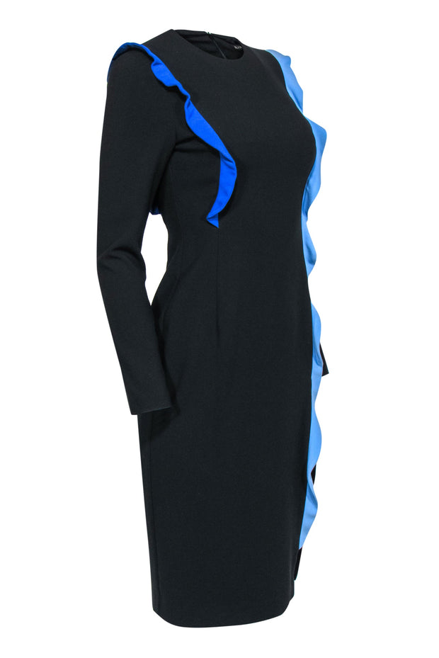 Current Boutique-Black Halo - Black Long Sleeve Midi Dress w/ Blue Ruffled Trim Sz 2