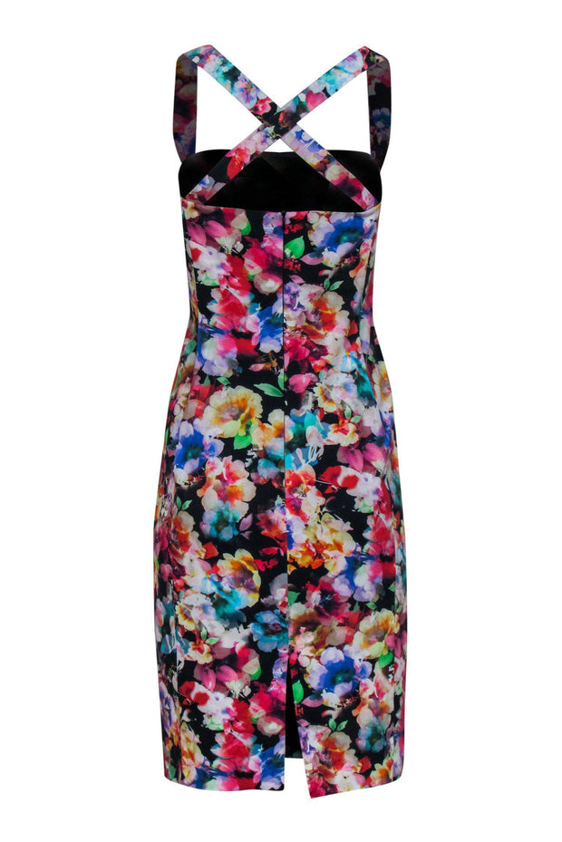 Current Boutique-Black Halo - Bright Floral Printed Cross-Back Sheath Dress Sz 6