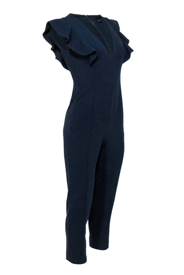 Current Boutique-Black Halo - Navy Ruffle Sleeveless Skinny Leg Jumpsuit Sz 0