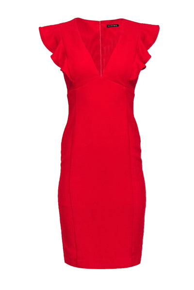 Current Boutique-Black Halo - Red Knee Length Fitted Sheath Dress w/ Shoulder Ruffle Sz 4