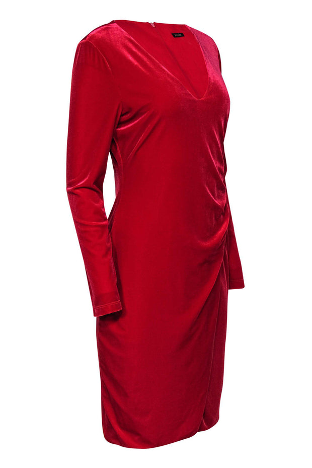 Current Boutique-Black Halo - Red Velvet Ruched Long Sleeve Bodycon Dress Sz 12